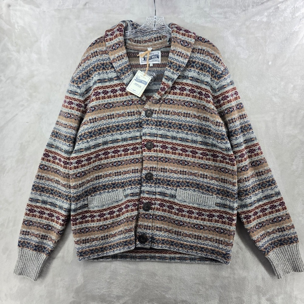 NEW Schott Bros Cardigan Mens Large Gray Fair Isle Shawl Collar Wool Sweater